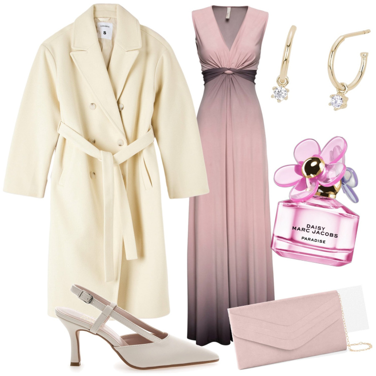 Outfit donna - Fiorita serata. Stile Glamour per Serata fuori. Abbinamento con pochette, vestiti, profumi, cappotti, orecchini, décolleté.