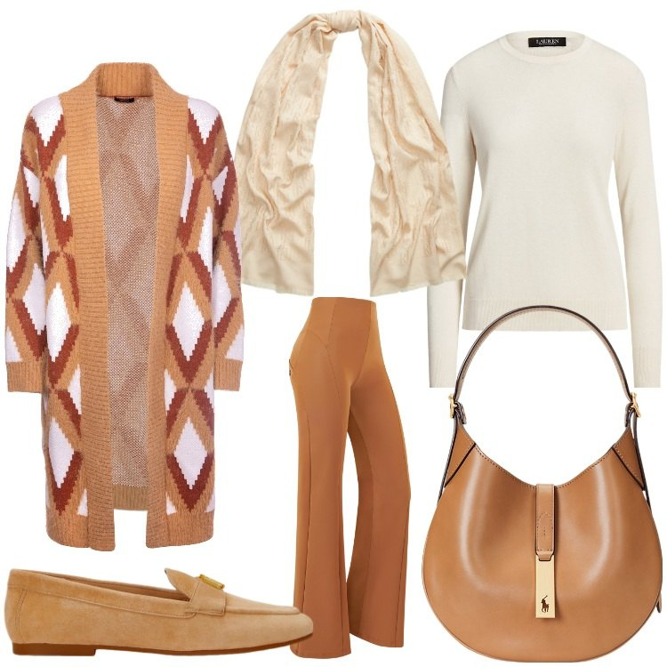 Outfit donna - Colori caldi. Stile Casual chic per Tutti i giorni. Abbinamento con cardigans, pantaloni, maglieria, borse a spalla, mocassini, sciarpe.