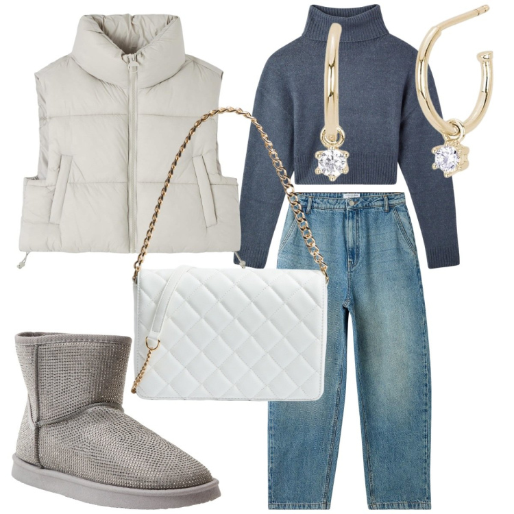 Outfit donna - Ghiaccio e blu. Stile Urban per Tutti i giorni. Abbinamento con stivali, jeans, piumini, maglieria, borse a tracolla, orecchini.