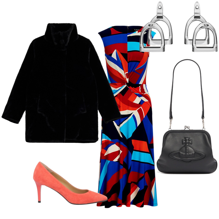 Outfit donna - Serata con abito originale. Stile Glamour per Serata fuori. Abbinamento con décolleté, cappotti, orecchini, vestiti, pochette.