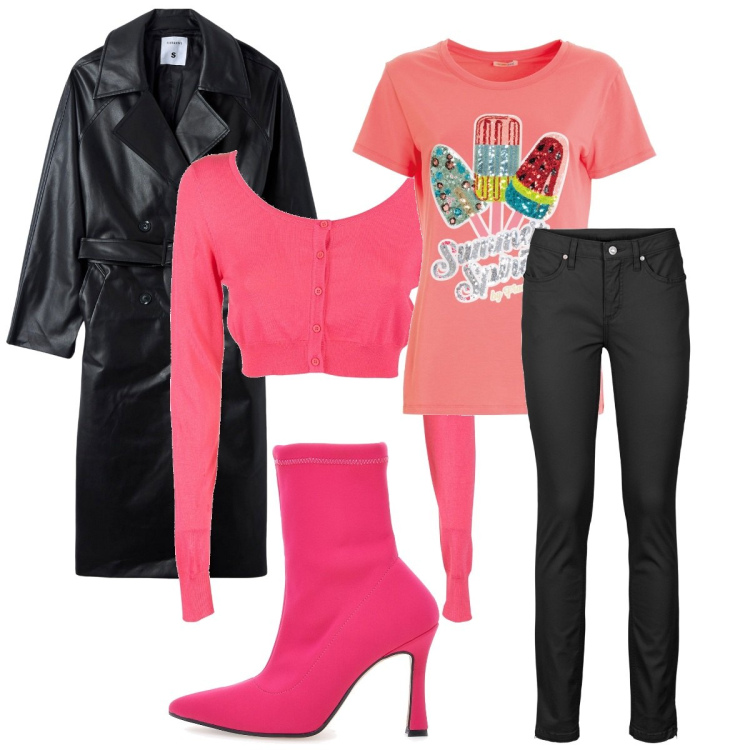 Outfit donna - Rosa in autunno. Stile Rock per Tutti i giorni. Abbinamento con jeans skinny, trench, cardigans, t-shirt, stivaletti.