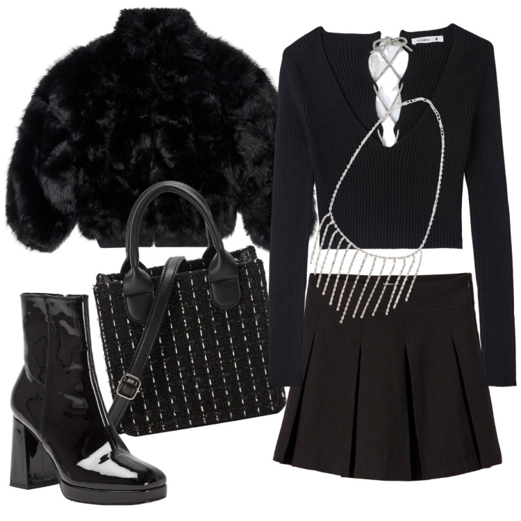 Outfit donna - Nero e argento. Stile Sexy per Serata fuori. Abbinamento con collane, maglieria, ecopellicce, gonne, shopping bag, stivaletti.