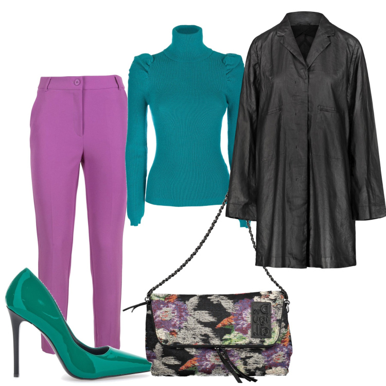 Outfit donna - Total look. Stile Trendy per Ufficio. Abbinamento con pantaloni, maglieria, décolleté, trench, borse a mano.