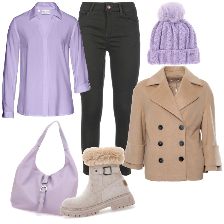 Outfit donna - Total look #1998926. Stile Casual per Tutti i giorni. Abbinamento con camicie, jeans skinny, cappotti, berretti, stivaletti, borse a spalla.