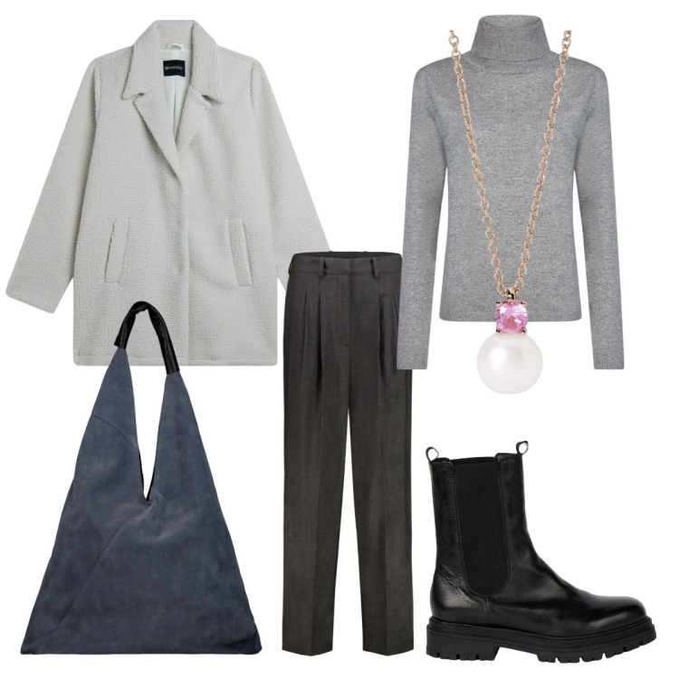 Outfit donna - Casual in grigio. Stile Basic per Tutti i giorni. Abbinamento con collane, cappotti, pantaloni, stivaletti chelsea, maglieria, borse a spalla.