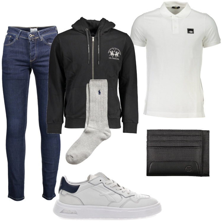 Outfit uomo - Jeans polo e felpa. Stile Casual per Tutti i giorni. Abbinamento con calzini, sneakers, portafogli, jeans slim fit, polo, felpe con cappuccio.