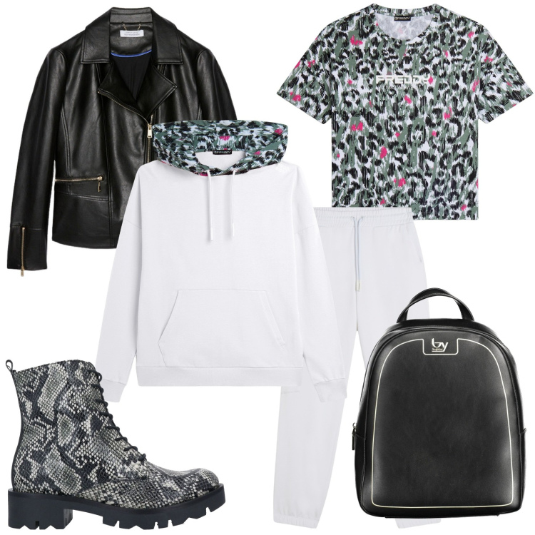 Outfit donna - Maculato sportiva. Stile Trendy per Tutti i giorni. Abbinamento con stivaletti, felpe sportive, pantaloni sportivi, t-shirt, blazer, zaini.