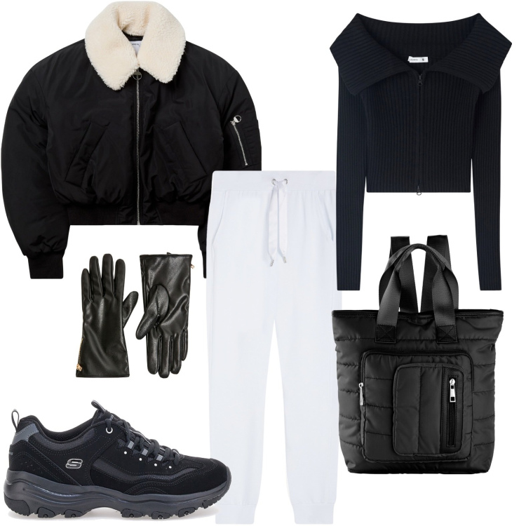 Outfit donna - Il giubbotto aviatore nero notte. Stile Glamour per Tutti i giorni. Abbinamento con zaini, blazer, maglieria, guanti, pantaloni, sneakers.
