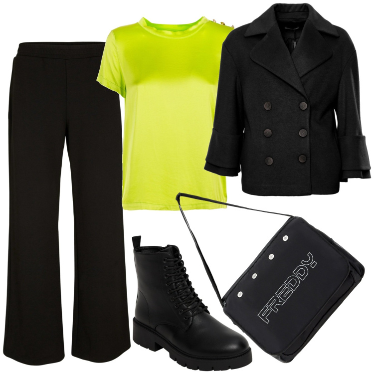 Outfit donna - Total look #1998933. Stile Casual per Tutti i giorni. Abbinamento con pantaloni a palazzo, anfibi, cappotti, bluse, borse messenger.