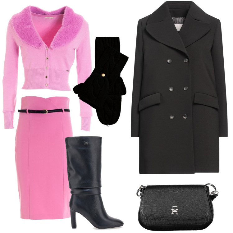 Outfit donna - Cardigan rosa confetto. Stile Glamour per Tutti i giorni. Abbinamento con cappotti, gonne longuette, cardigans, guanti, stivali, borse a tracolla.