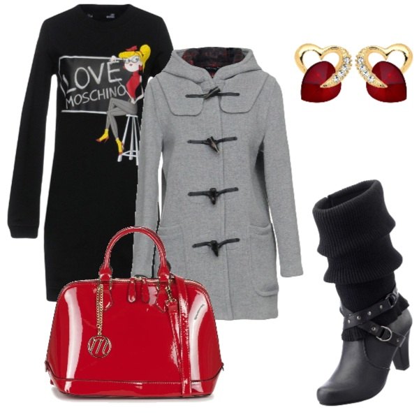 Outfit donna - Trendy #26524. Stile Trendy per Serata fuori. Abbinamento con stivali, vestito corto, cappotto collo tondo a maniche lunghe interno sfoderato in flanella tinta unita, borsetta rosso, orecchini a perno in argento 925 certificato autenticità.