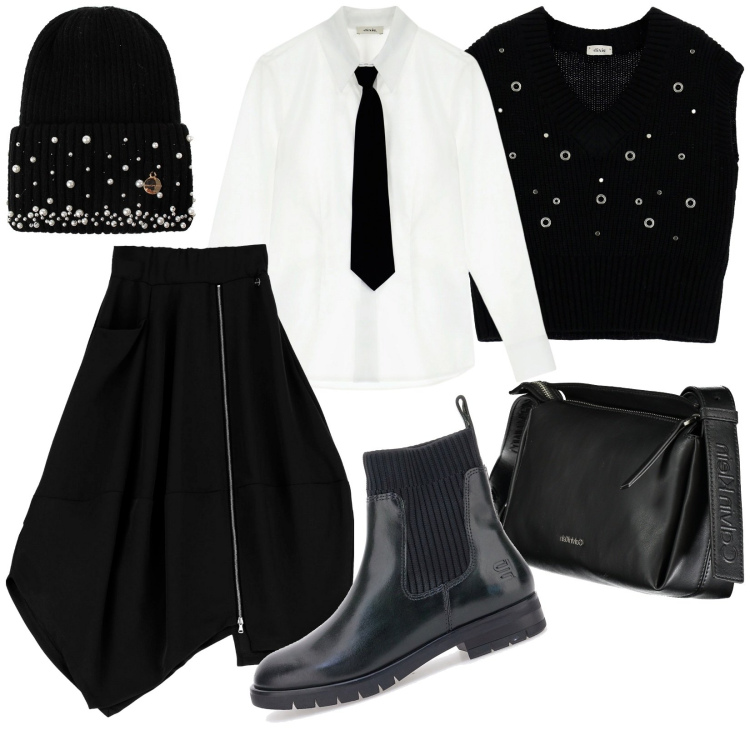 Outfit donna - Total look #1998946. Stile Urban per Tutti i giorni. Abbinamento con berretti, gonne longuette, gilet, camicie, stivaletti, borse a tracolla.