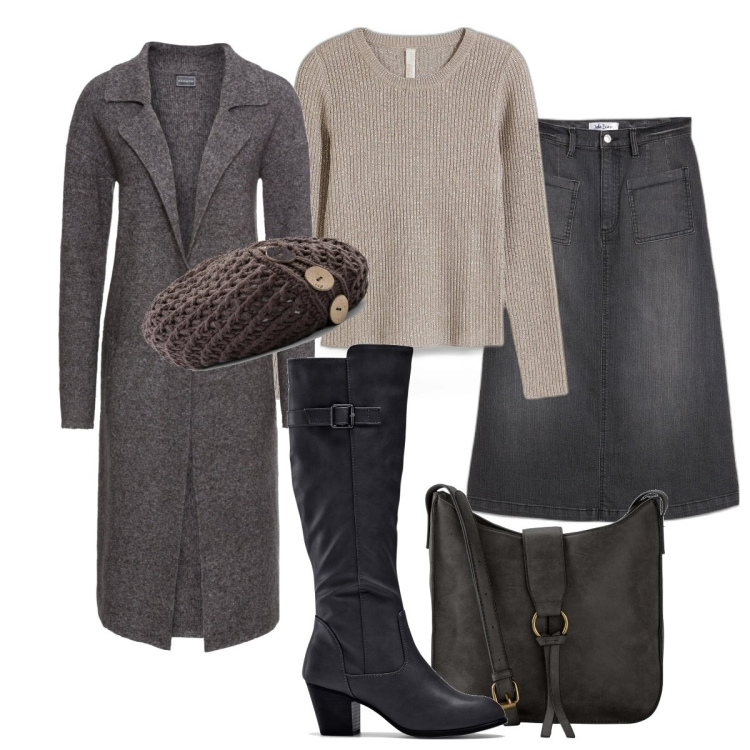 Outfit donna - Di moda il grigio. Stile Casual chic per Tutti i giorni. Abbinamento con gonne longuette, maglieria, berretti, borse a tracolla, stivali, cappotti.