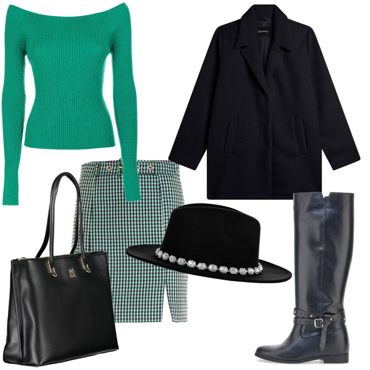 Outfit donna - La gonna pied de poule. Stile Casual per Ufficio. Abbinamento con cappelli, gonne, maglieria, cappotti, stivali, borse a spalla.