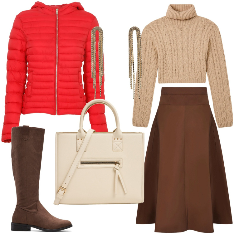 Outfit donna - La gonna a ruota. Stile Bon Ton per Ufficio. Abbinamento con stivali, maglieria, shopping bag, orecchini, piumini, gonne.