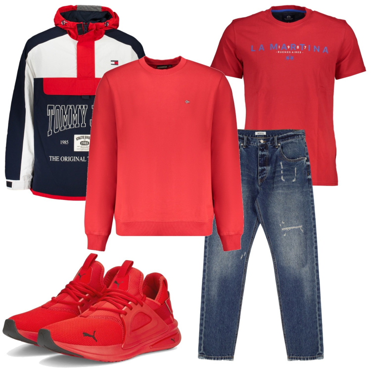 Outfit uomo - Giornata di pioggia e freddo. Stile Trendy per Tutti i giorni. Abbinamento con jeans dritti, sneakers, t-shirt, giacche sportive, felpe.
