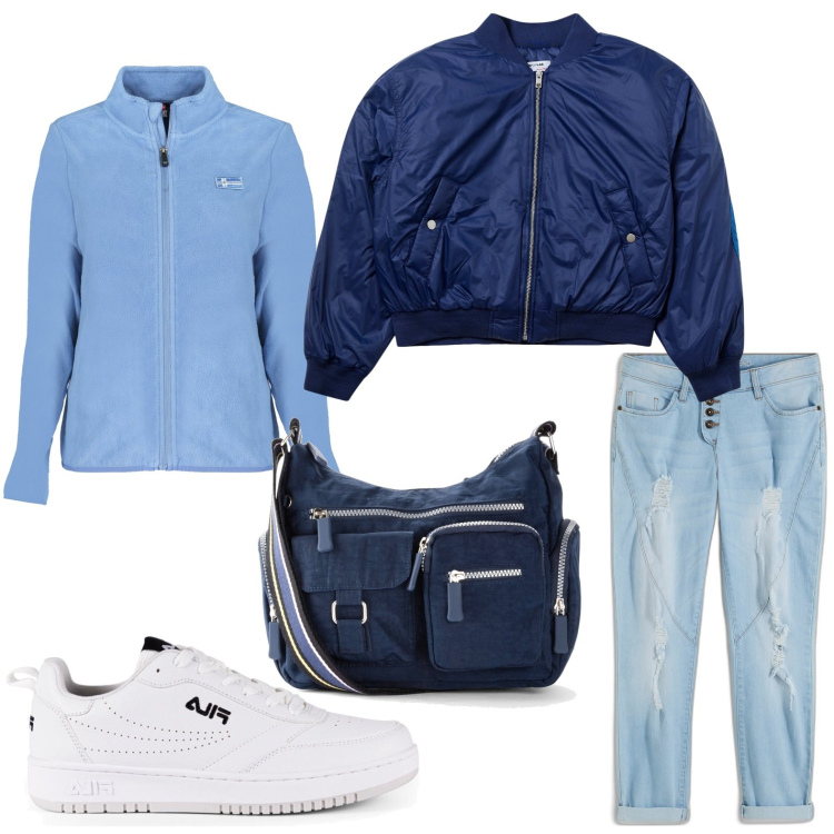 Outfit donna - Bomber e jeans. Stile Casual per Tutti i giorni. Abbinamento con borse a tracolla, jeans boyfriend, bomber, sneakers, felpe.