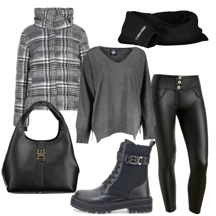 Outfit donna - Che il rock sia con te. Stile Rock per Tutti i giorni. Abbinamento con piumini, pantaloni skinny, anfibi, maglieria, borse a tracolla, sciarpe.