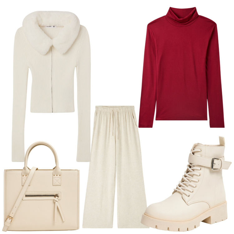 Outfit donna - Ma che freddo fa. Stile Casual per Tutti i giorni. Abbinamento con pantaloni, anfibi, maglieria, cardigans, shopping bag.