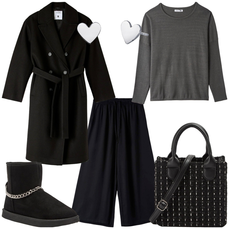 Outfit donna - Minimal Terranova. Stile Minimal per Tutti i giorni. Abbinamento con pantaloni a palazzo, shopping bag, cappotti, maglieria, stivaletti, orecchini.