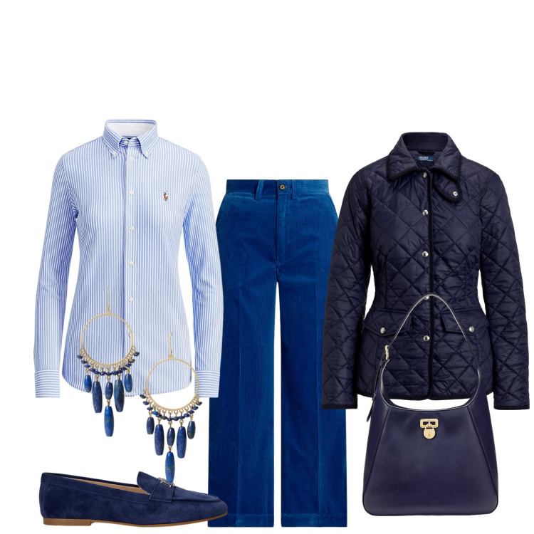 Outfit donna - Il richiamo del blu. Stile Basic per Tutti i giorni. Abbinamento con camicie, orecchini, mocassini, pantaloni, giacche, borse a spalla.