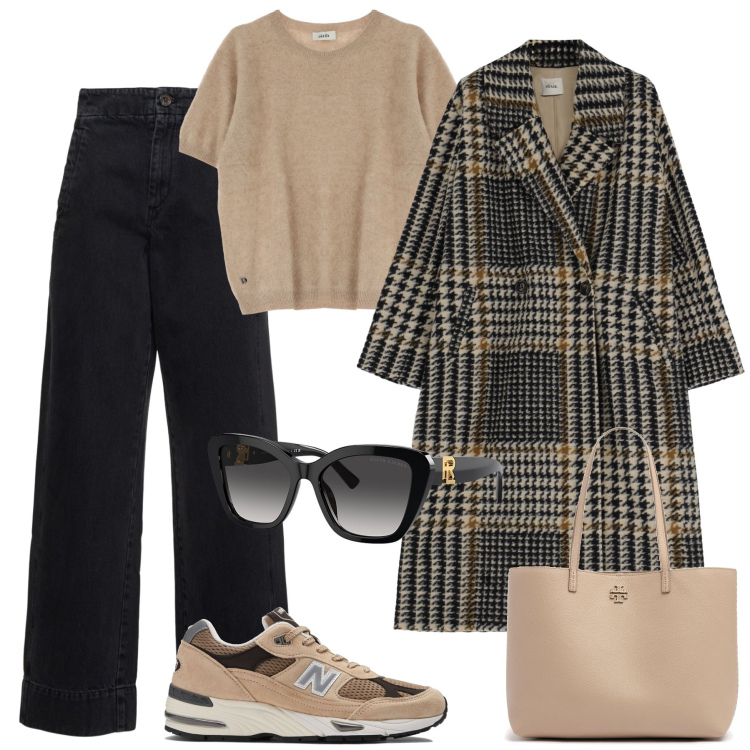 Outfit donna - Saldi in vista, lista 2: il cappotto. Stile Trendy per Tutti i giorni. Abbinamento con sneakers, cappotti, pullovers, occhiali da sole, jeans, shopping bag.