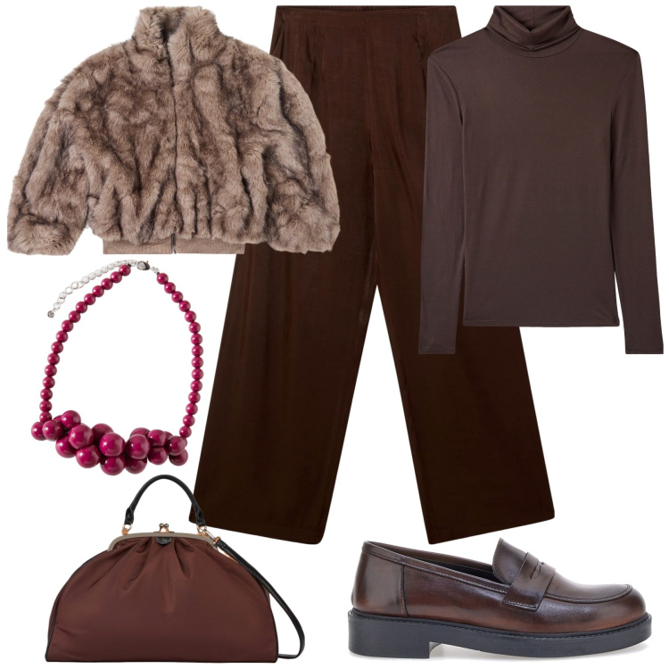 Outfit donna - Must have mocassini brown. Stile Casual chic per Ufficio. Abbinamento con pantaloni, maglieria, ecopellicce, mocassini, borse a spalla, collane.