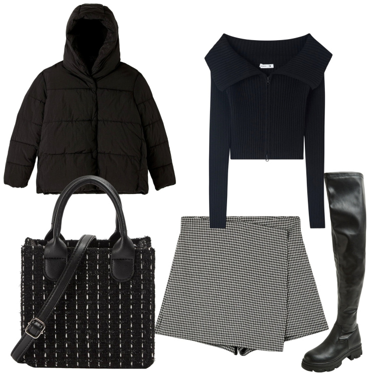 Outfit donna - La mini. Stile Trendy per Serata fuori. Abbinamento con minigonne, maglieria, stivali, piumini, shopping bag.