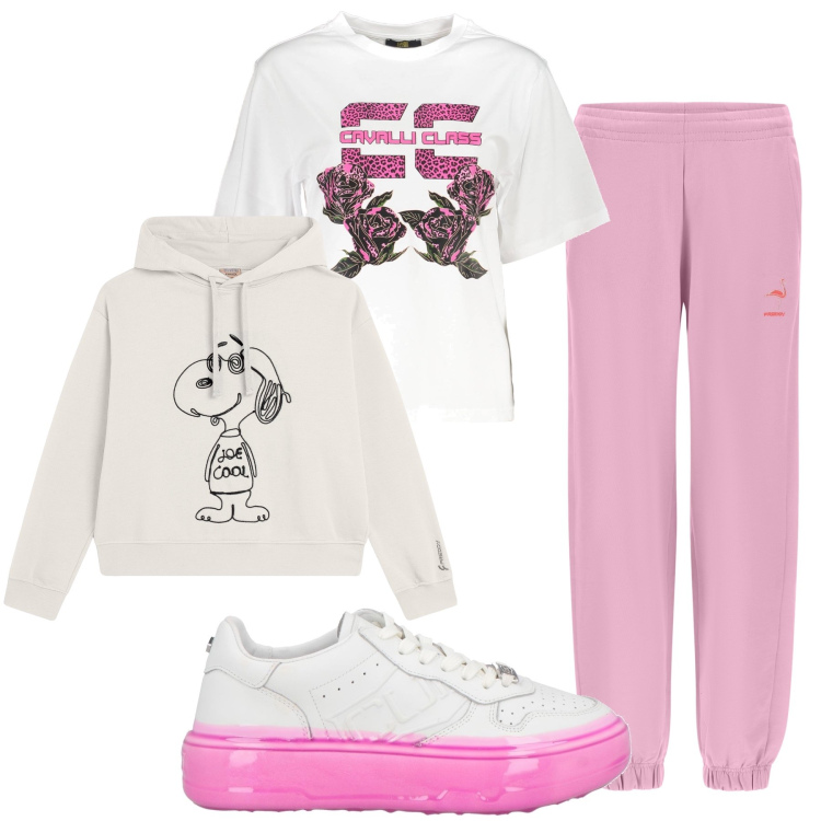 Outfit donna - In tenuta da casa. Stile Sporty chic per Tutti i giorni. Abbinamento con sneakers, pantaloni, felpe con cappuccio, t-shirt.