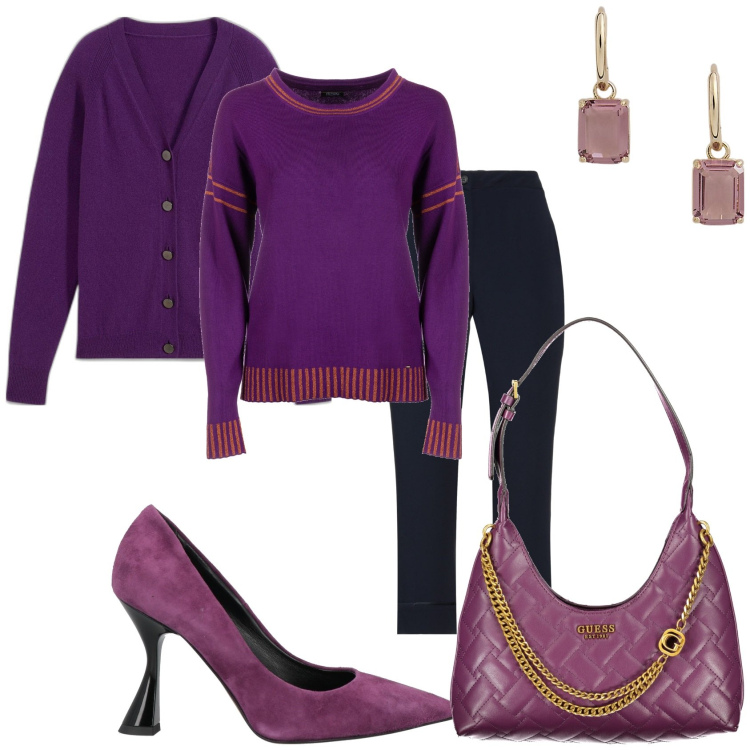 Outfit donna - Il viola è di moda. Stile Casual chic per Tutti i giorni. Abbinamento con cardigans, pantaloni, décolleté, maglieria, orecchini, borse a spalla.