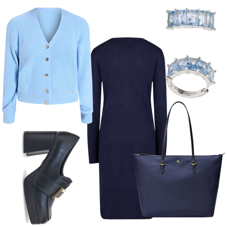 Outfit donna - Signora in blu. Stile Chic per Ufficio. Abbinamento con orecchini, cardigans, borse tote, vestiti midi/longuette, mocassini.