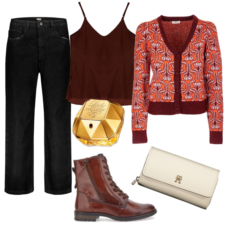 Outfit donna - Jeans top e cardigan. Stile Casual chic per Tutti i giorni. Abbinamento con profumi, cardigans, canottiere, anfibi, jeans, portafogli.