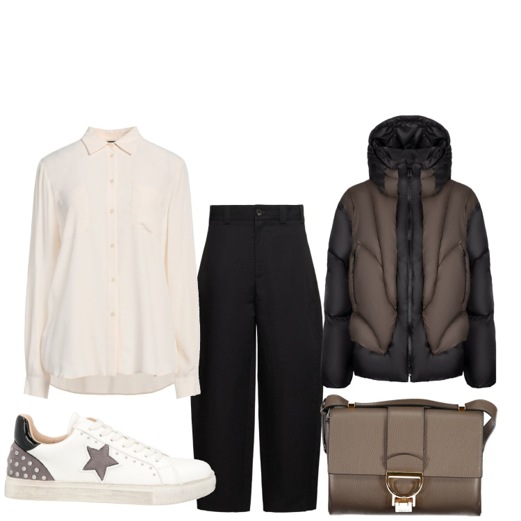 Outfit donna - A guardare un film. Stile Basic per Tutti i giorni. Abbinamento con camicie, sneakers, piumini, borse a tracolla, pantaloni.