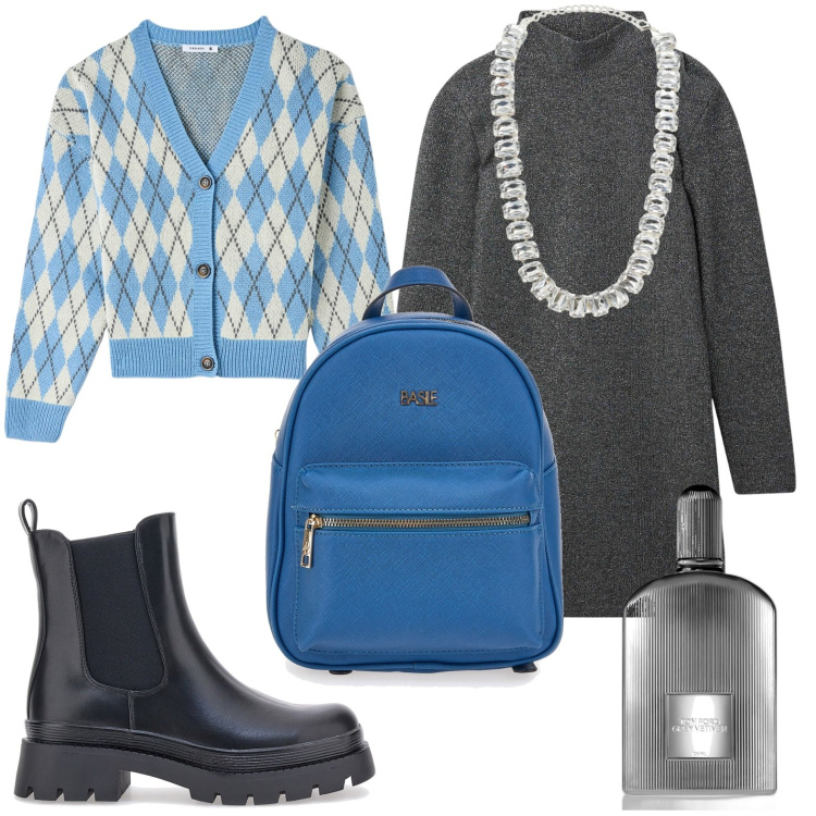 Outfit donna - Lo zaino blu. Stile Glamour per Scuola/Università. Abbinamento con profumi, vestiti corti, cardigans, collane, stivaletti chelsea, zaini.