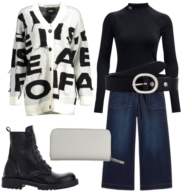 Outfit donna - Undicesimo. Stile Casual per Tutti i giorni. Abbinamento con jeans, stivaletti, cinture, pullovers, cardigans, portafogli.