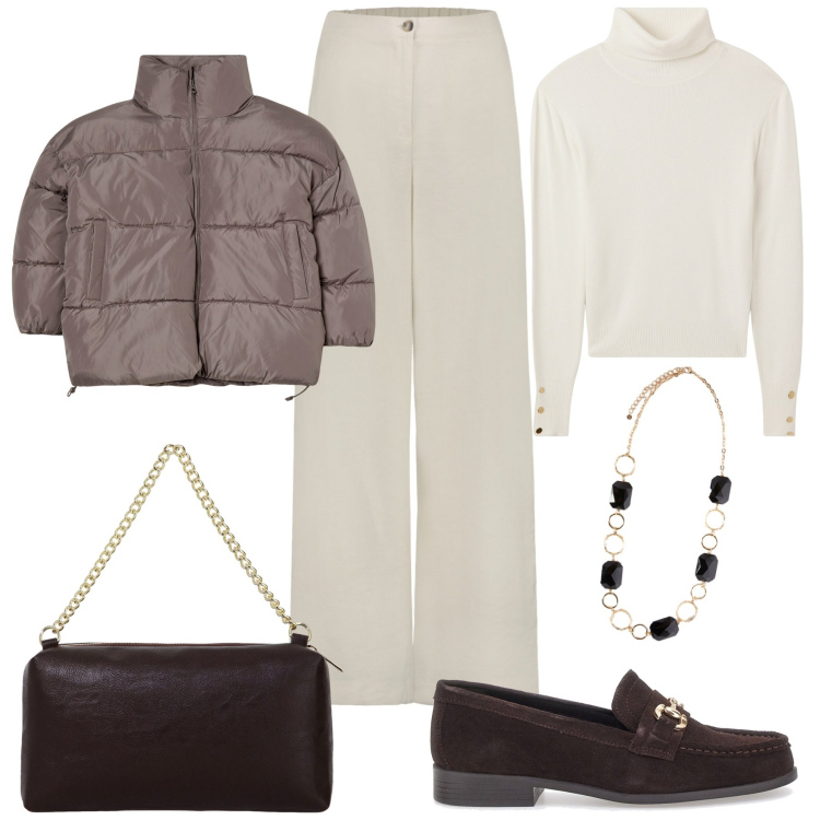 Outfit donna - I mocassini per la stagione. Stile Casual chic per Tutti i giorni. Abbinamento con blazer, maglieria, borse a tracolla, mocassini, pantaloni, collane.
