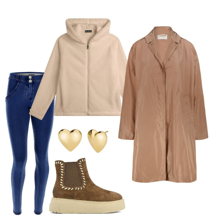 Outfit donna - Soprabito di mezza stagione. Stile Casual per Tutti i giorni. Abbinamento con orecchini, felpe con cappuccio, jeggings, trench, stivaletti.