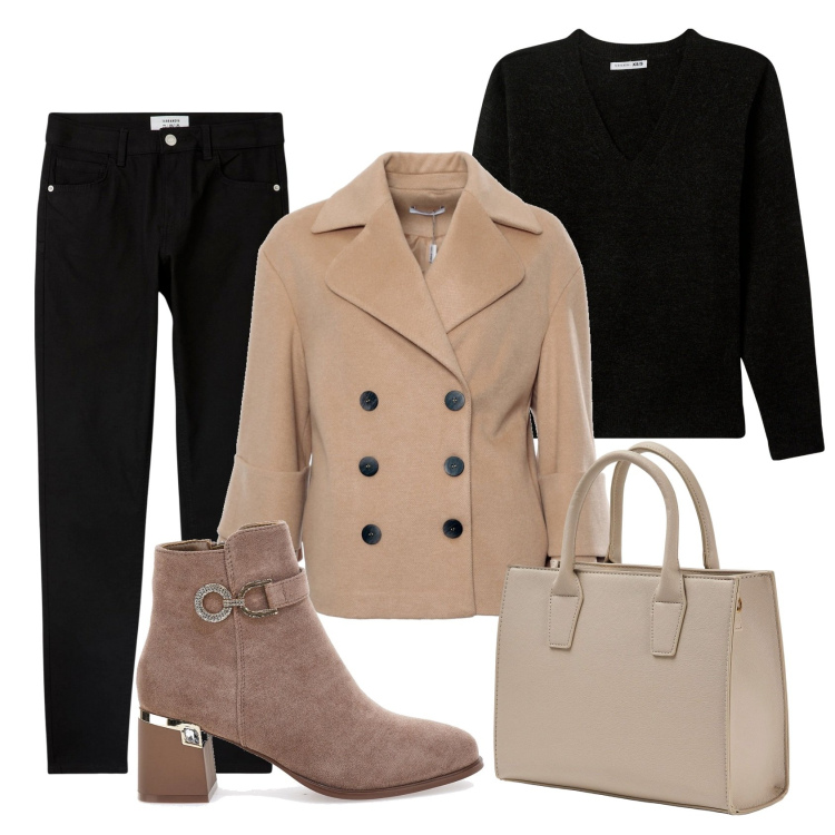 Outfit donna - Cappotto corto per tutti i giorni. Stile Casual chic per Tutti i giorni. Abbinamento con shopping bag, maglieria, pantaloni skinny, cappotti, stivaletti.