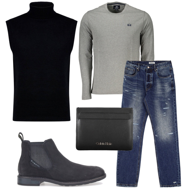 Outfit uomo - Total look #1999055. Stile Trendy per Serata speciale. Abbinamento con jeans dritti, stivali e stivaletti, gilet, t-shirt, portafogli.