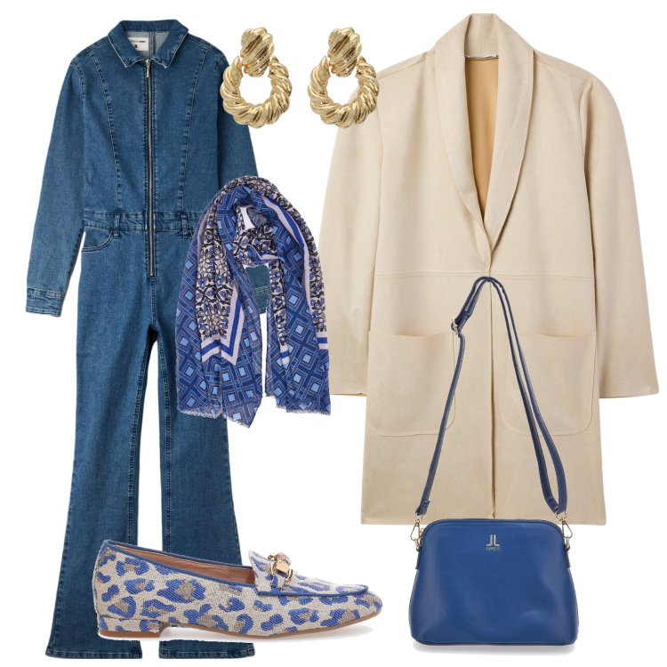 Outfit donna - Che combo: mocassino e tuta in denim!. Stile Glamour per Tutti i giorni. Abbinamento con trench, tute, orecchini, mocassini, borse a tracolla, foulard.