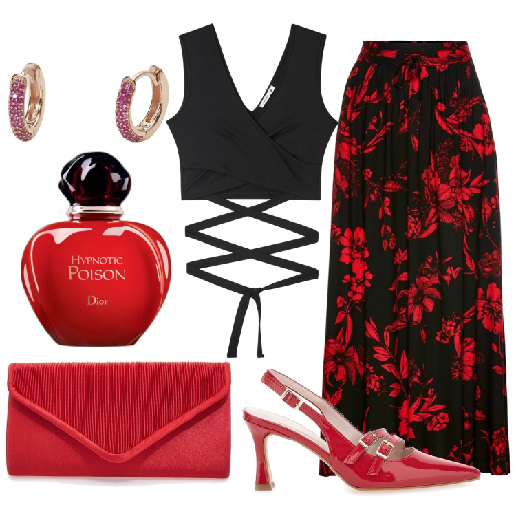 Outfit donna - Hypnotic poison. Stile Sexy per Serata fuori. Abbinamento con gonne lunghe, profumi, top, orecchini, décolleté, pochette.