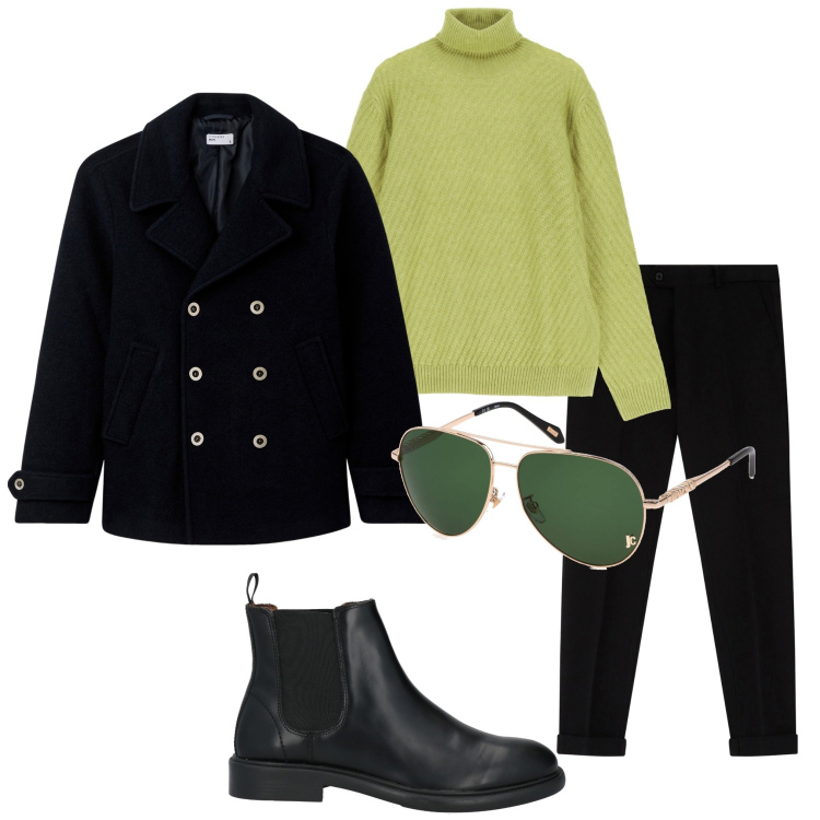 Outfit uomo - In città. Stile Urban per Tutti i giorni. Abbinamento con stivali e stivaletti, cappotti, maglieria, pantaloni, occhiali da sole.