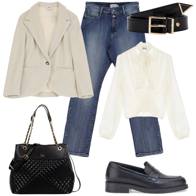 Outfit donna - Trendy con i mocassini. Stile Casual chic per Ufficio. Abbinamento con jeans dritti, shopping bag, cinture, camicie, blazer, mocassini.