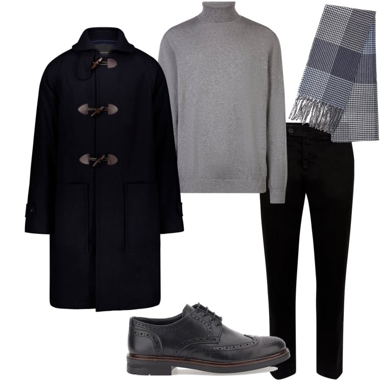 Outfit uomo - In ufficio. Stile Business/Elegante per Ufficio. Abbinamento con pantaloni chino, montgomery, sciarpe, scarpe stringate, maglieria.