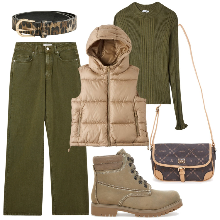 Outfit donna - Un giorno qualunque. Stile Military per Tutti i giorni. Abbinamento con maglieria, pantaloni, piumini, cinture, borse a tracolla, stivaletti.