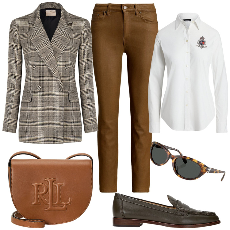 Outfit donna - I mocassini verde scuro intenso. Stile Casual chic per Ufficio. Abbinamento con blazer, borse a tracolla, jeans dritti, camicie, mocassini, occhiali da sole.