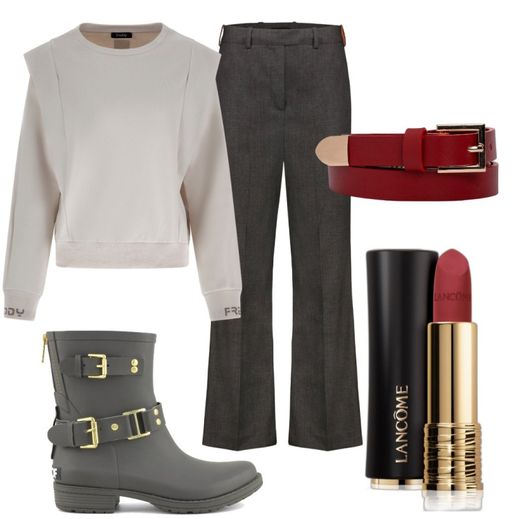 Outfit donna - Grigio chiaro e scuro. Stile Glamour per Tutti i giorni. Abbinamento con rossetti, maglieria, pantaloni, stivali, cinture.