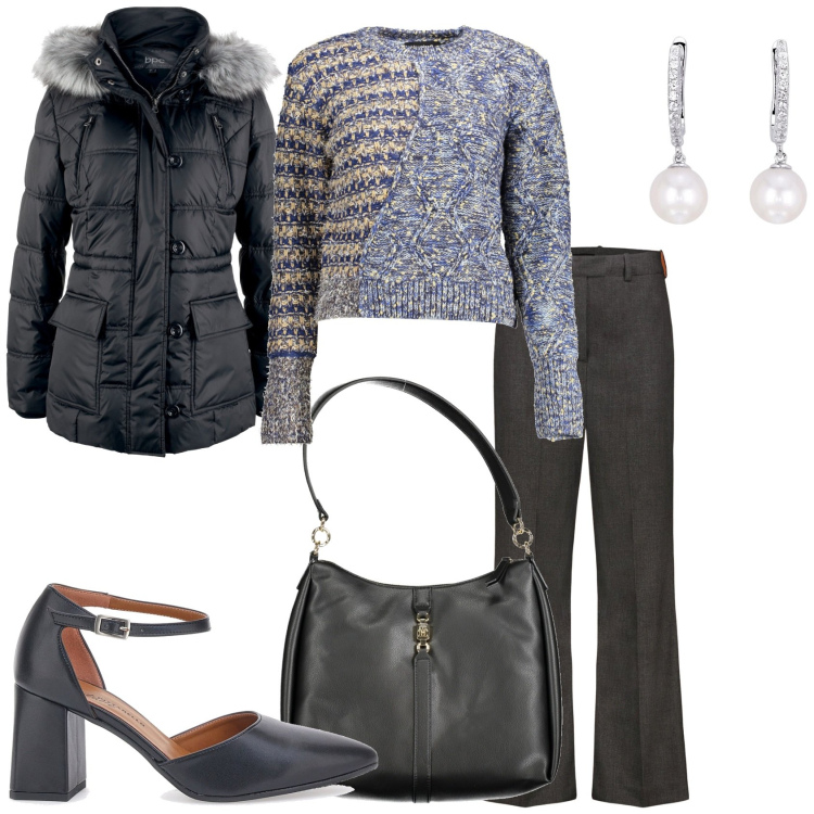 Outfit donna - Che tempo grigio. Stile Casual chic per Tutti i giorni. Abbinamento con giacche, orecchini, maglieria, borse a spalla, pantaloni, décolleté.