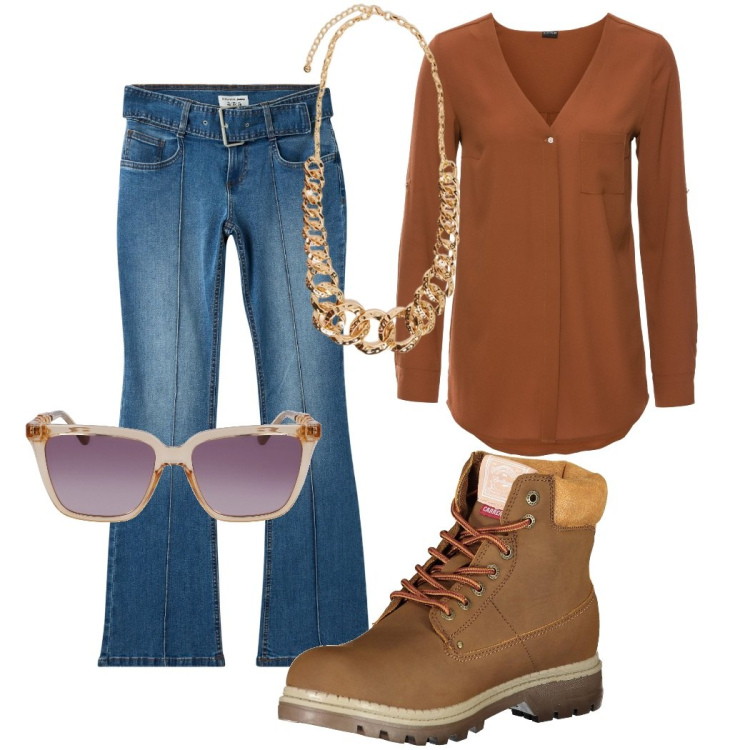 Outfit donna - Dolce cacao. Stile Sporty chic per Tutti i giorni. Abbinamento con camicie, jeans a zampa, stivali, occhiali da sole, collane.