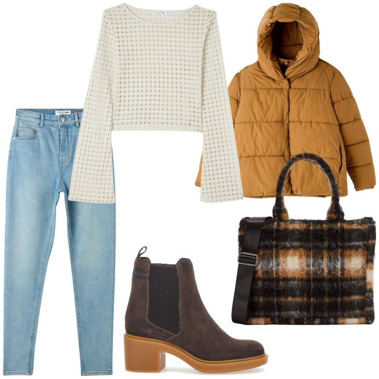 Outfit donna - Affari per prepararsi al freddo. Stile Basic per Tutti i giorni. Abbinamento con shopping bag, maglieria, jeans skinny, piumini, stivaletti.